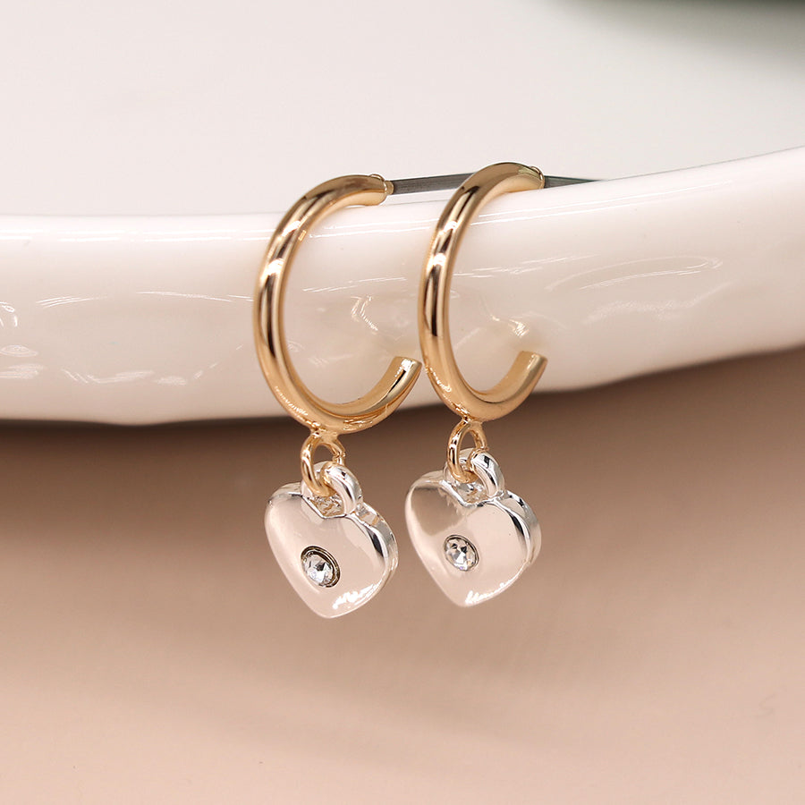 Golden open hoop and silver crystal heart earrings