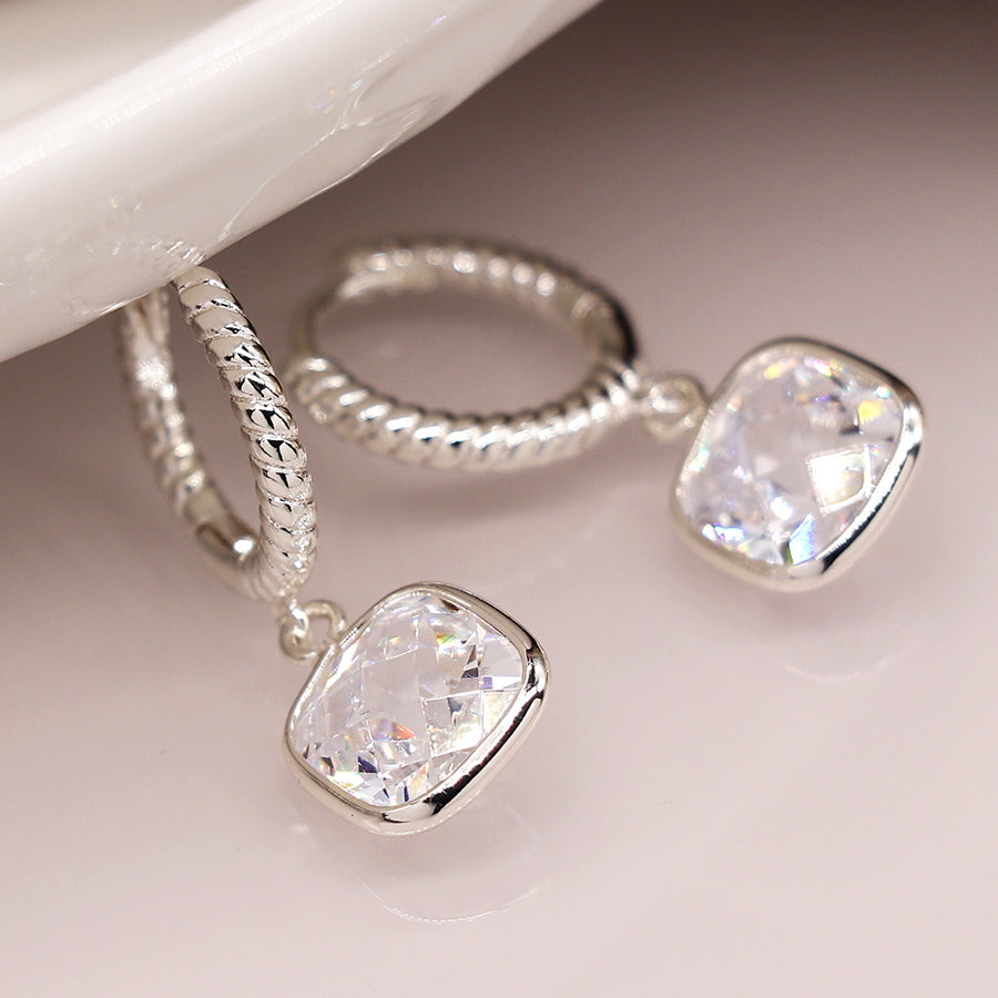 Silver plated twist hoop and crystal drop earrings