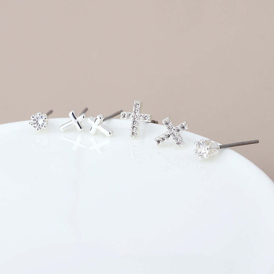 POM - Chris silver plated crystal crosses triple earring set