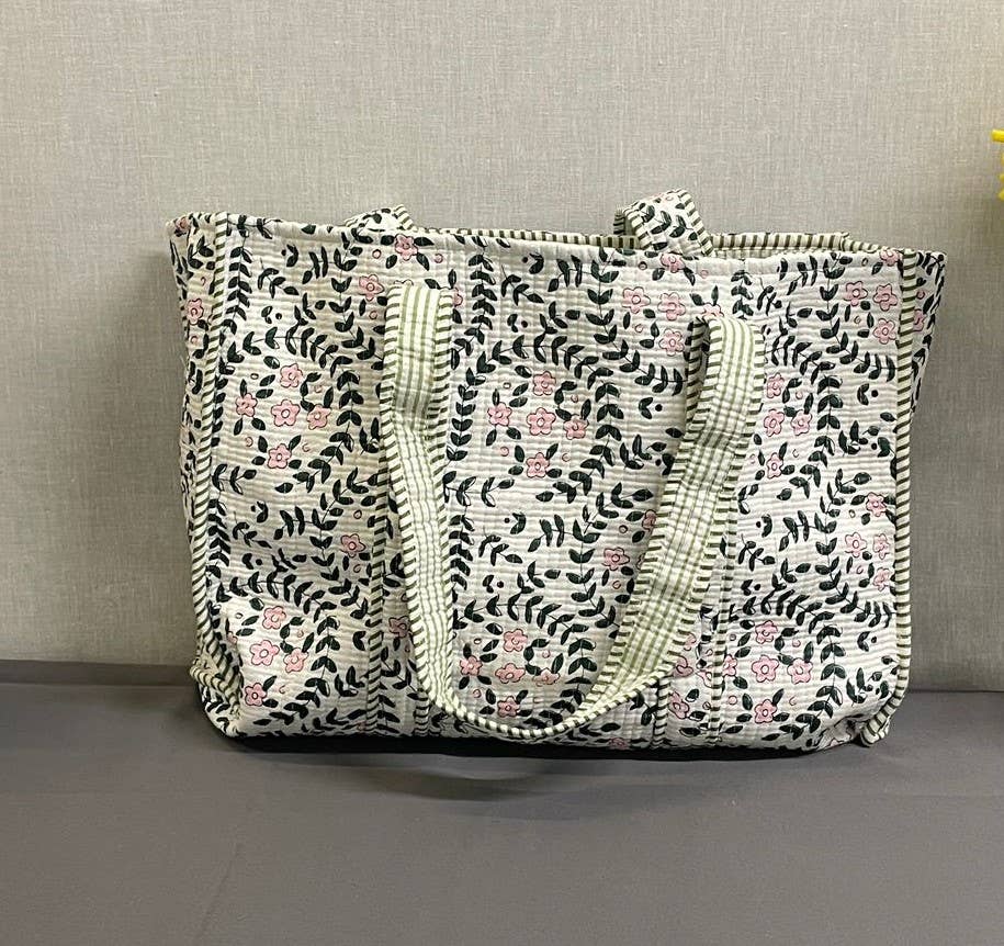 100% Cotton Kantha Quilted Boho Reversible Floral Tote Bag