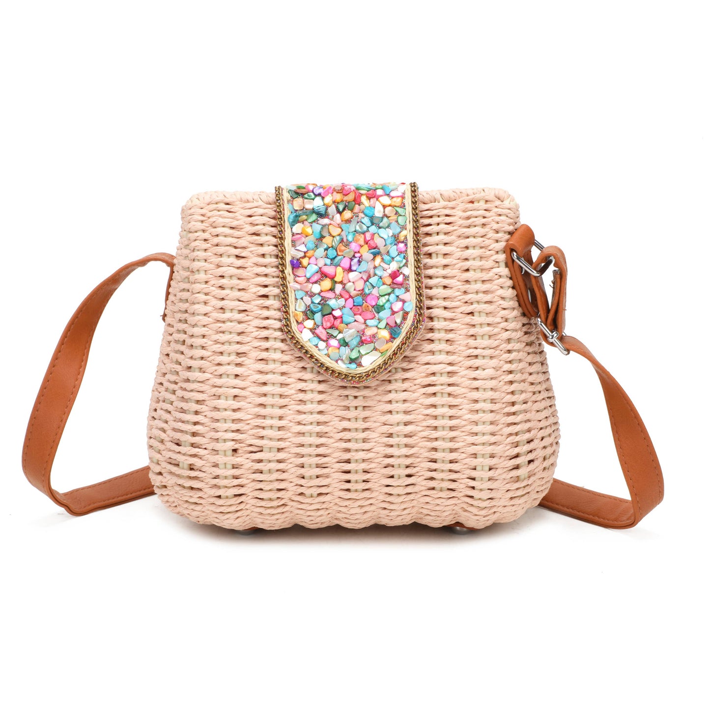 J6519 Straw Crossbody Bag with gems: Beige