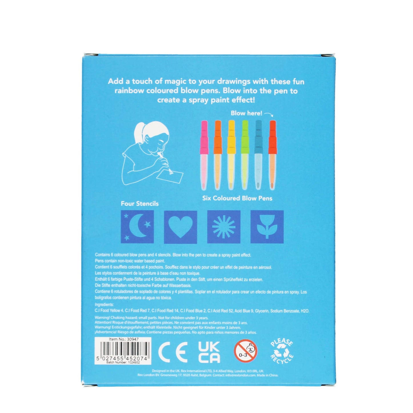 Magic rainbow coloured blow pens
