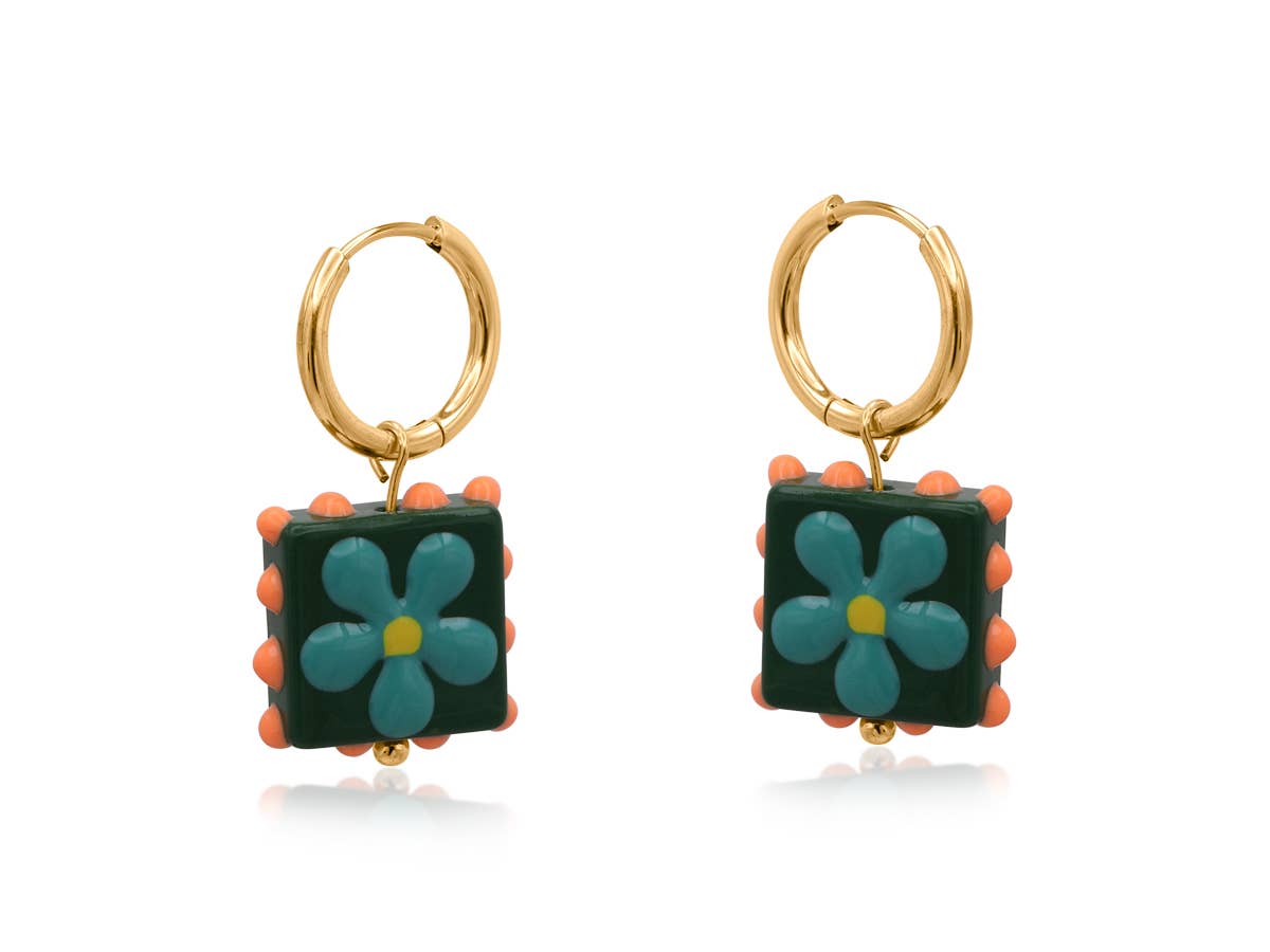 SANTA FE SQUARE FLORAL CHARM EARRINGS: GREEN SQUARE