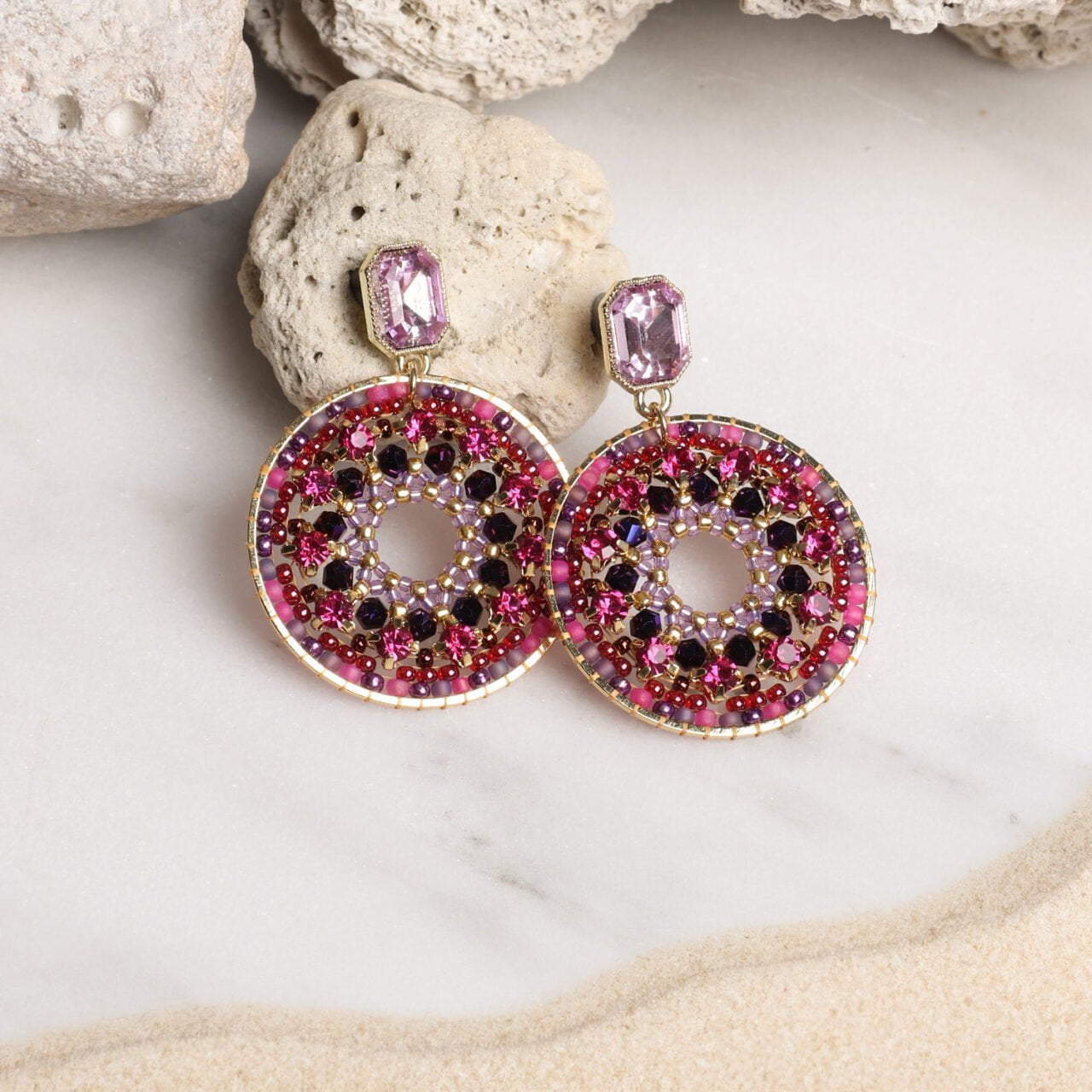 Beaded Glass Drop Circular Pink Earrings - 2111709