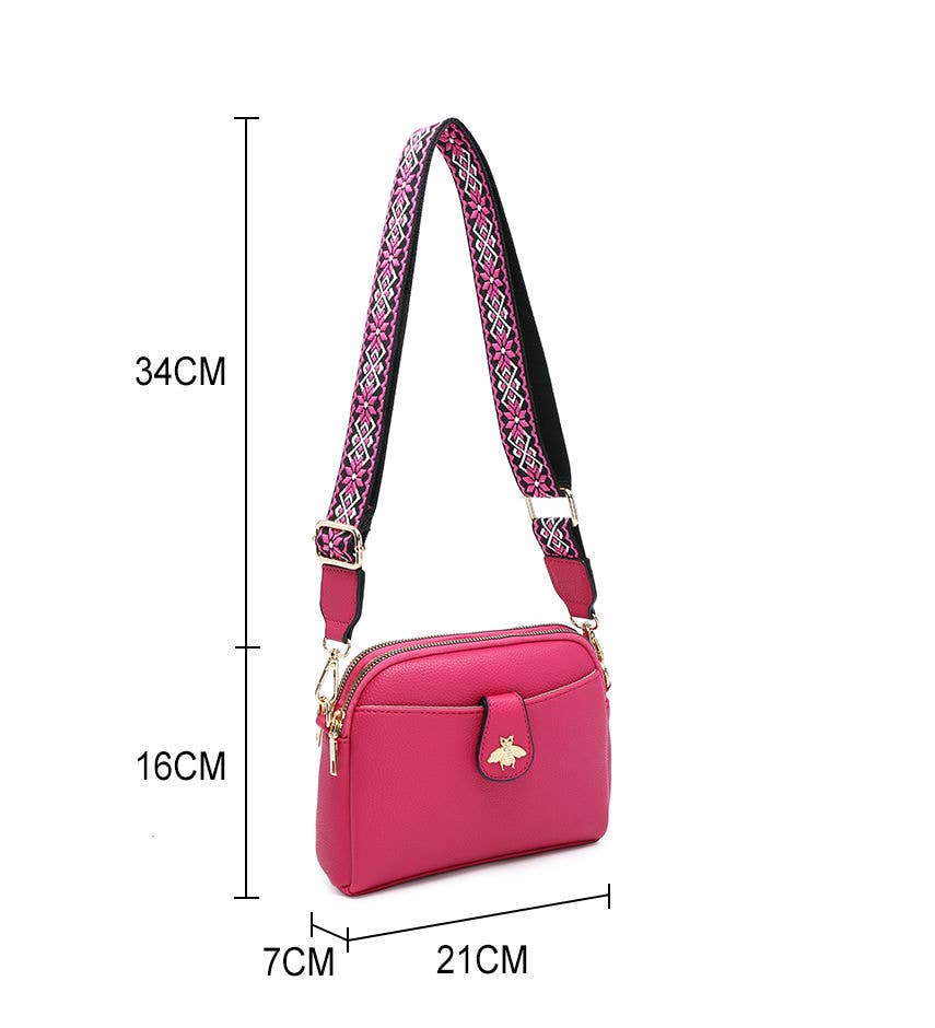 Cross Body Handbag with double zip top sections: Wine
