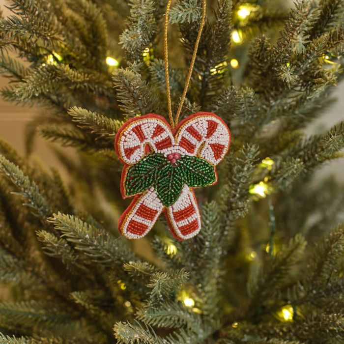 Candy Cane & Holly Beaded Tree Hanger