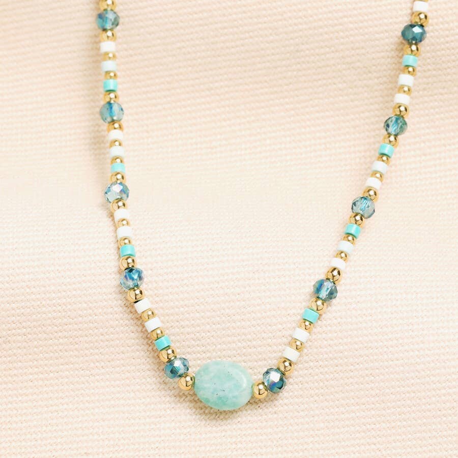 Beaded Blue Semi-Precious Oval Charm Necklace