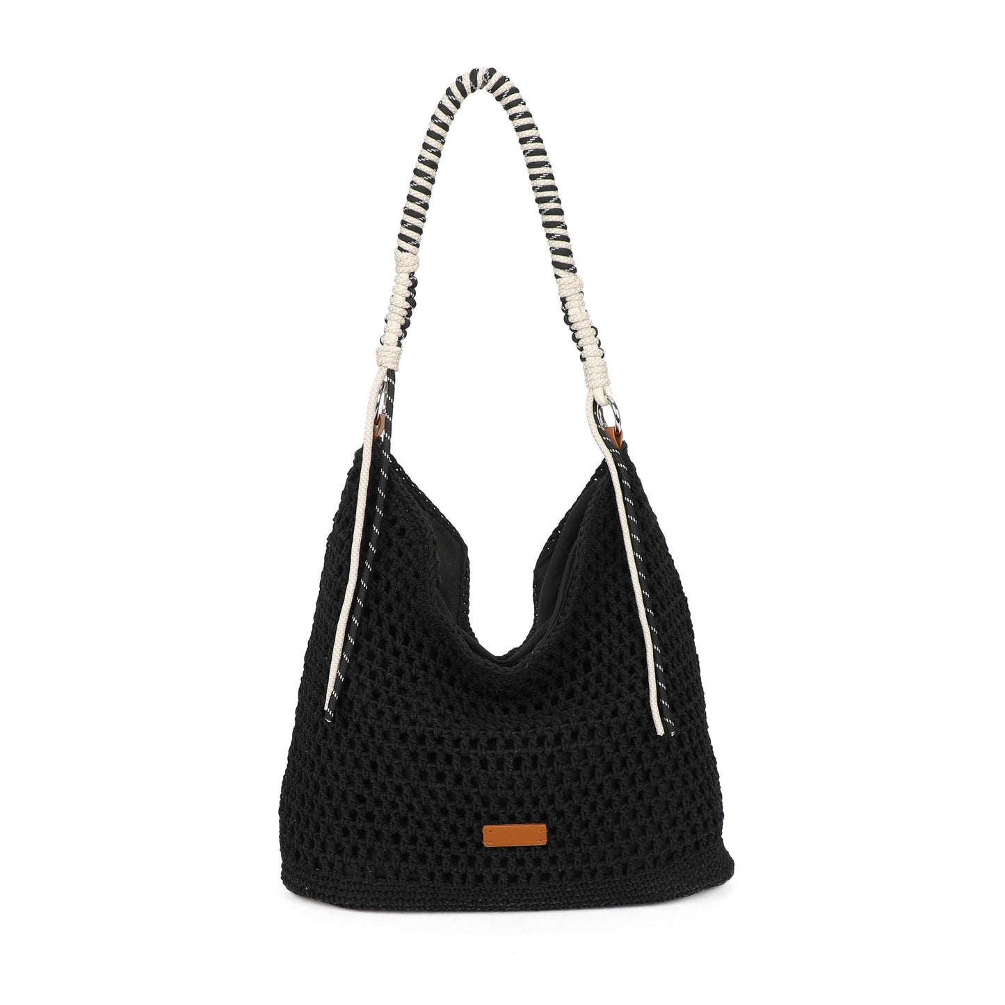 F9087 Crochet Hobo Bag with Rope Handle Detail: Beige