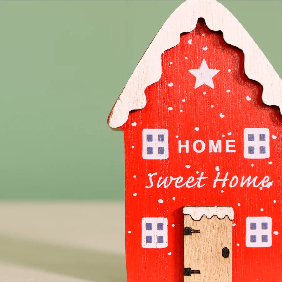 Festive Wooden House Ornament - RED
