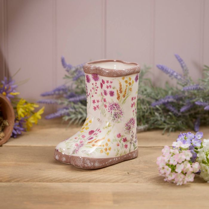 Floral Welly Boot Ceramic Planter