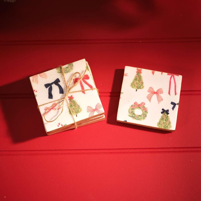 Merry Little Bows Pattern Coaster Set