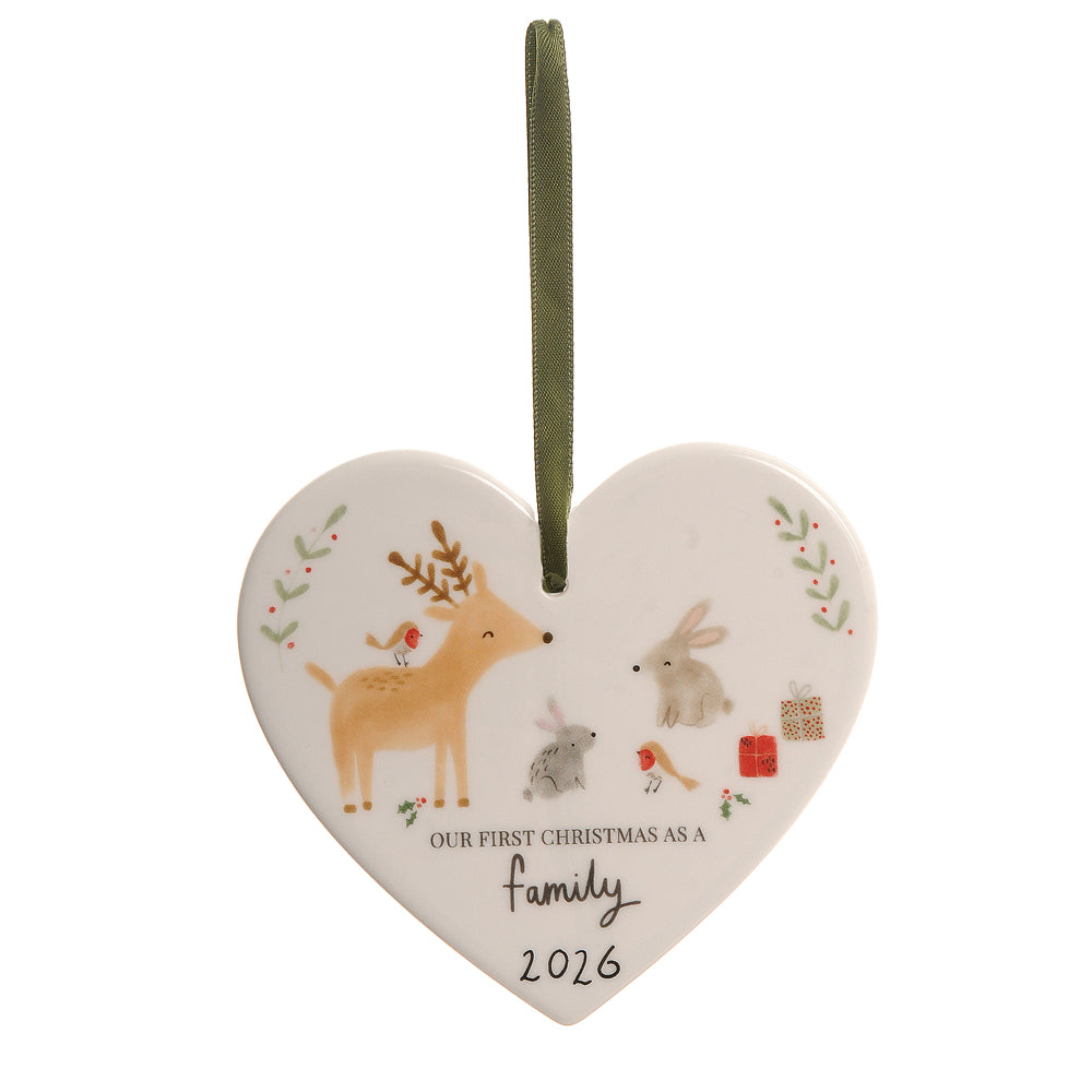First Christmas as a Family Reindeer & Rabbit 2026 ceramic heart decoration
