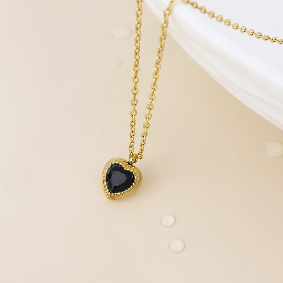 POM - Jiggy stainless steel gold plated black crystal fine heart necklace