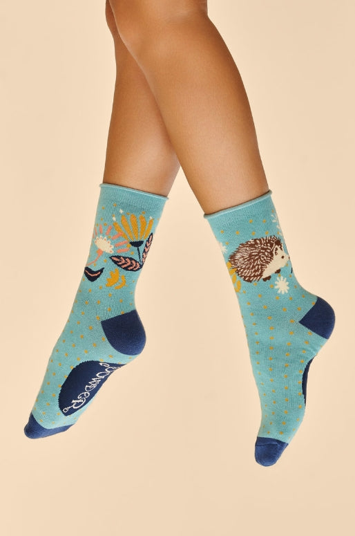 Powder Women's Socks - Hedgehog Hunting in Leaves Ankle Socks - Ice