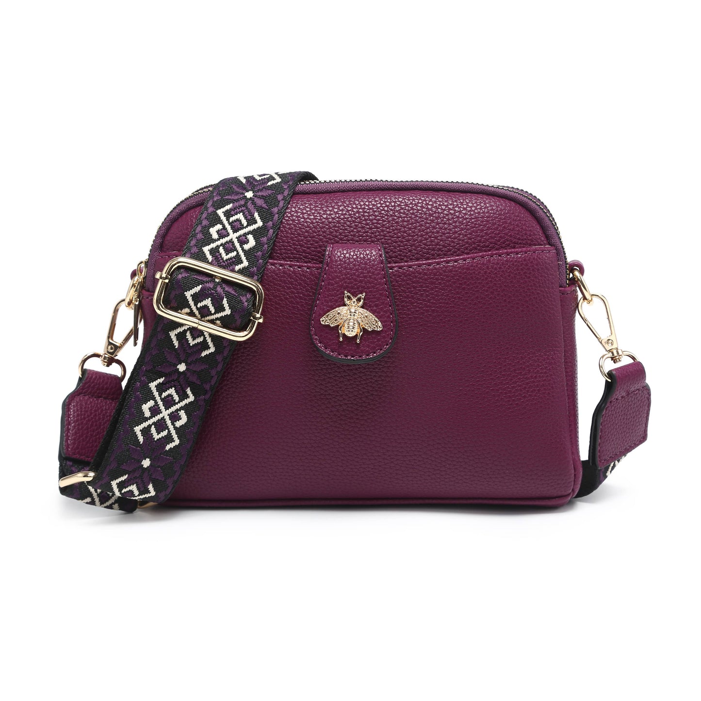 Cross Body Handbag with double zip top sections: Wine