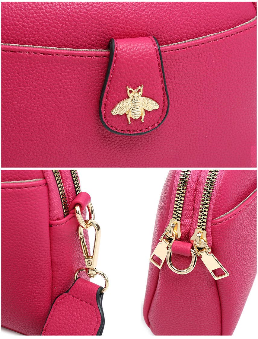 Cross Body Handbag with double zip top sections: Wine