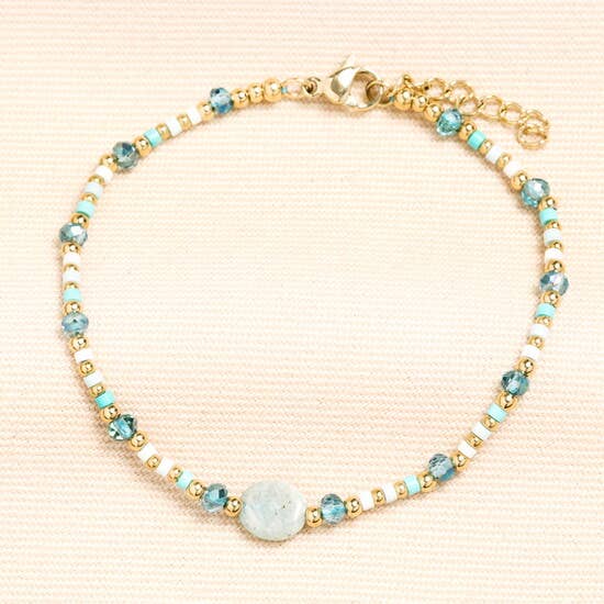 Beaded Blue Semi-Pecioud Oval Charm Bracelet