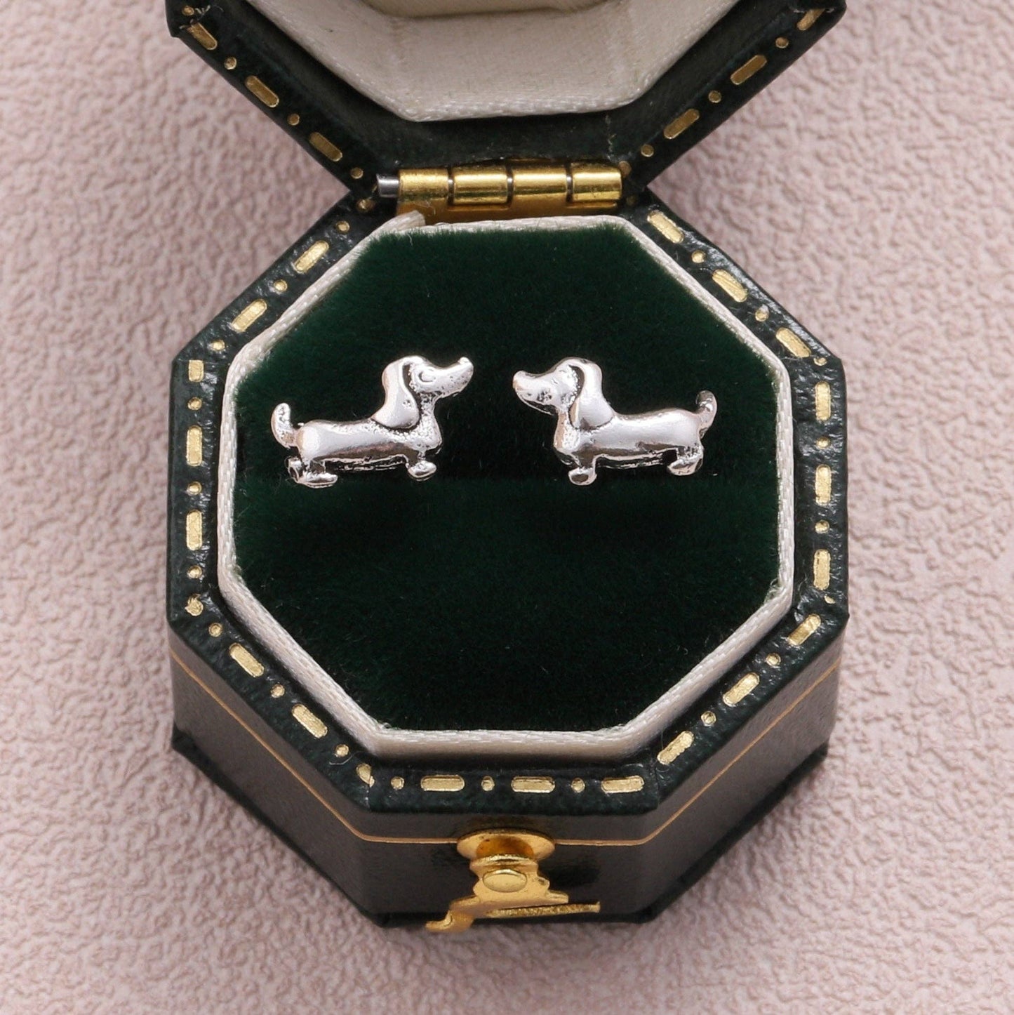 XT014 Dog walker Silver Sausage Dog Earrings