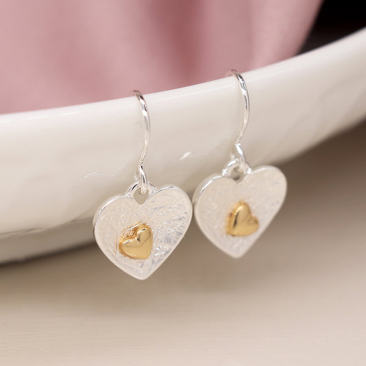 Silver and gold plated double heart earrings