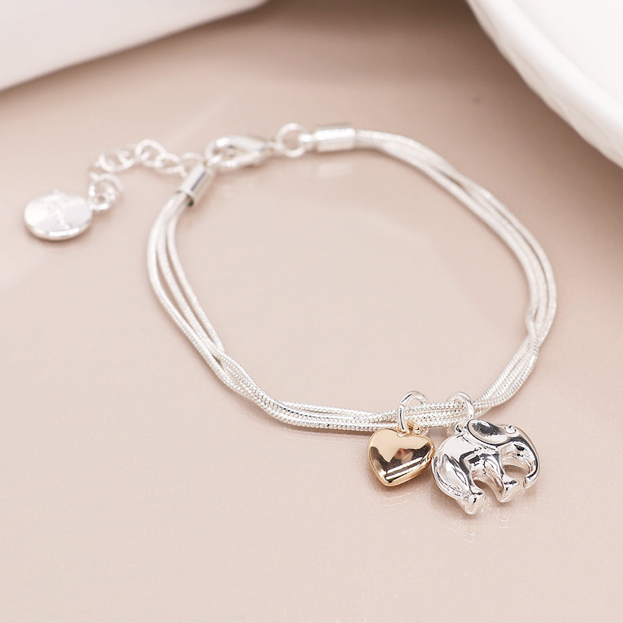 Triple strand silver plated elephant heart bracelet