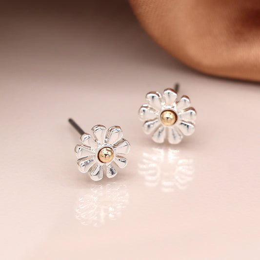 Silver plated and golden daisy stud earrings