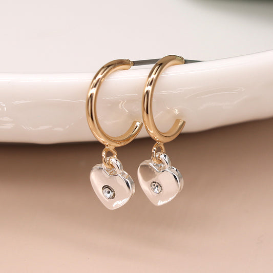 Golden open hoop and silver crystal heart earrings