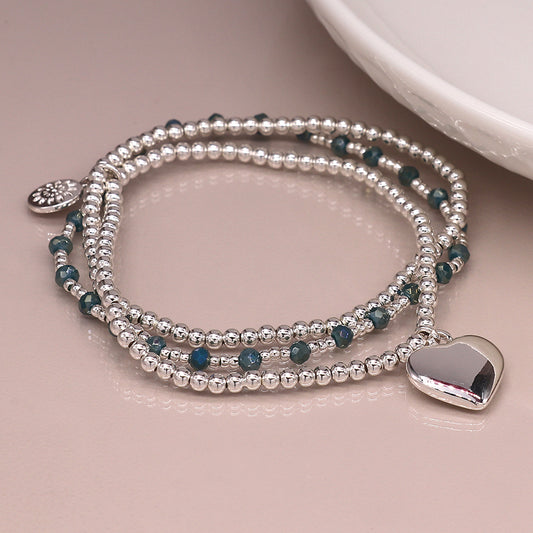 Silver plated and blue bead bracelet with heart charm