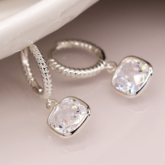 Silver plated twist hoop and crystal drop earrings