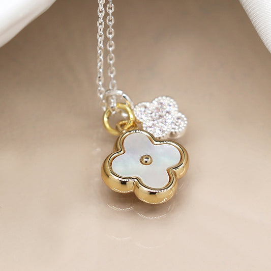Faux gold and silver plated double quatrefoil necklace with crystals