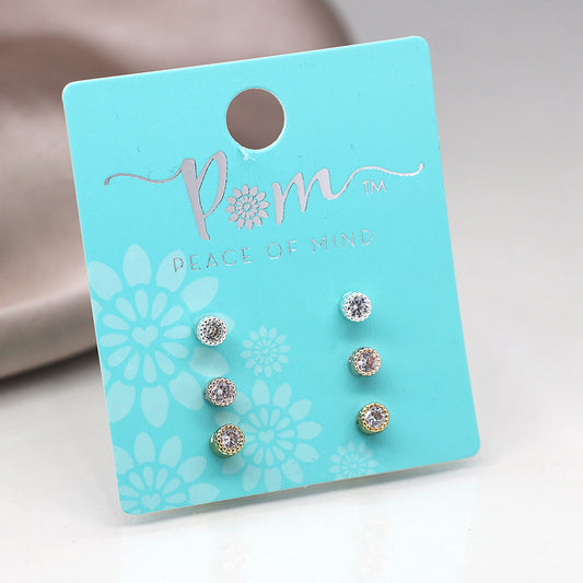 Silver plated, faux gold and rose gold millgrain edged crystal stud earring set