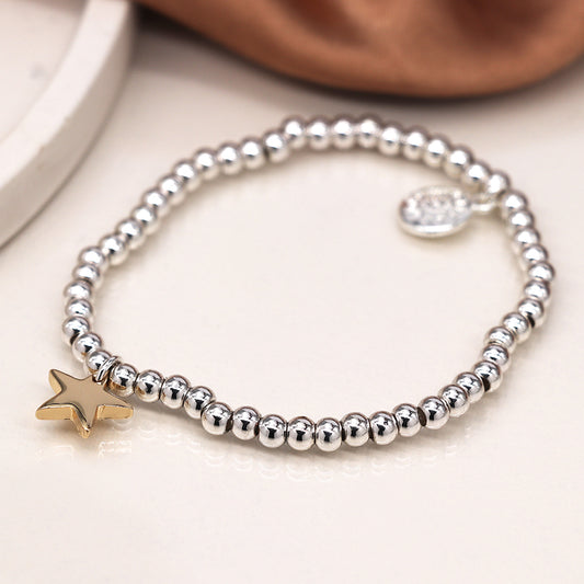 Silver plated bead bracelet with golden star