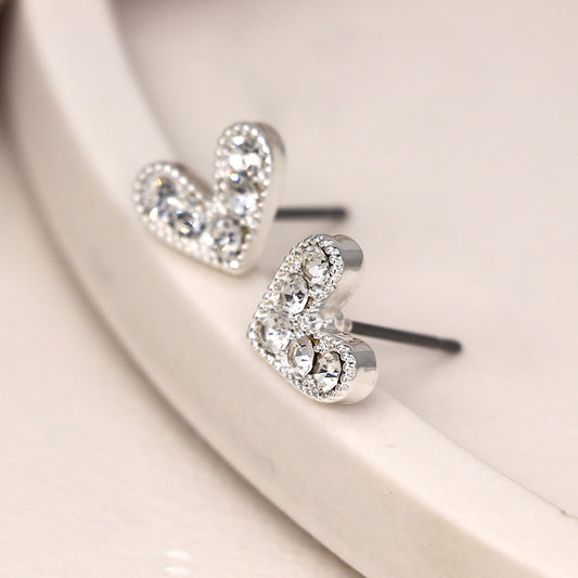 Silver plated crystal heart stud earrings