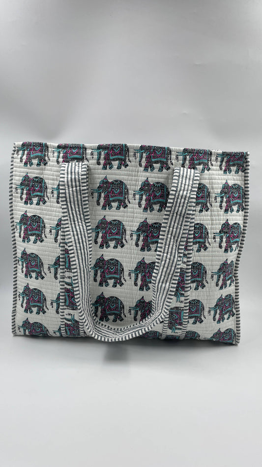 100% Cotton Kantha Quilted Boho Reversible Elephant Tote Bag