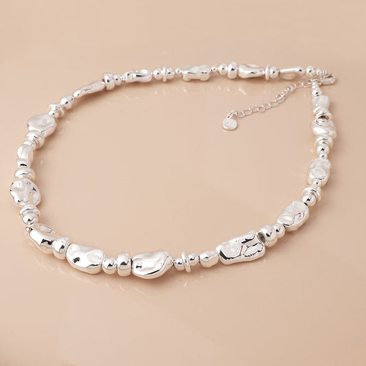 Silver plated mixed organic bead necklace
