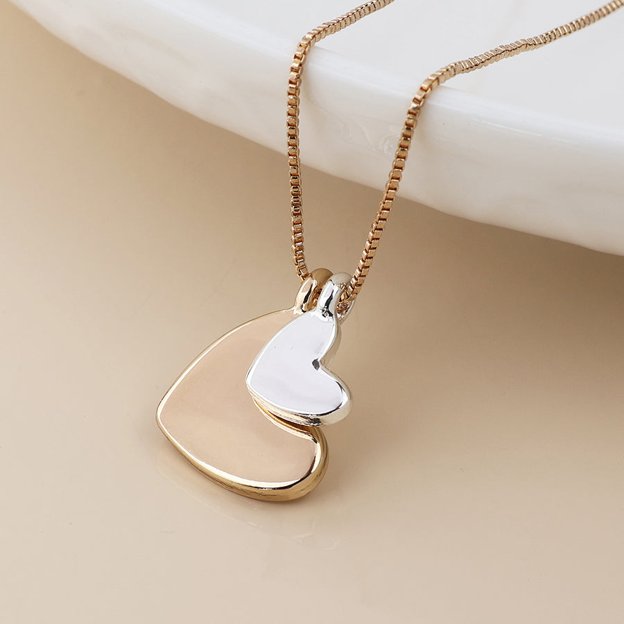 Golden and silver plated double heart necklace