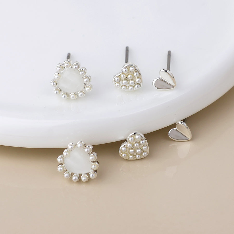 Silver plated triple heart and pearl stud earring set