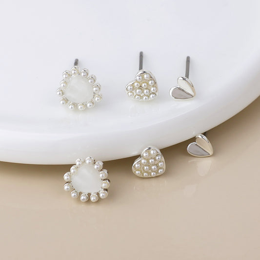 Silver plated triple heart and pearl stud earring set