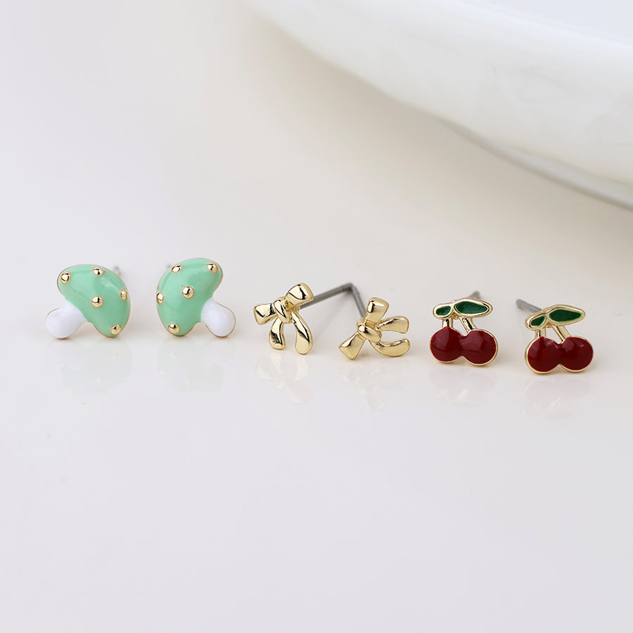 Golden Toadstool, bow and cherry stud earrings