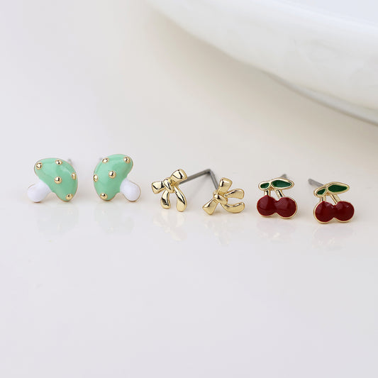 Golden Toadstool, bow and cherry stud earrings