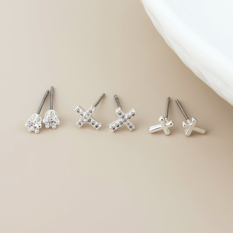 POM - Chris silver plated crystal crosses triple earring set