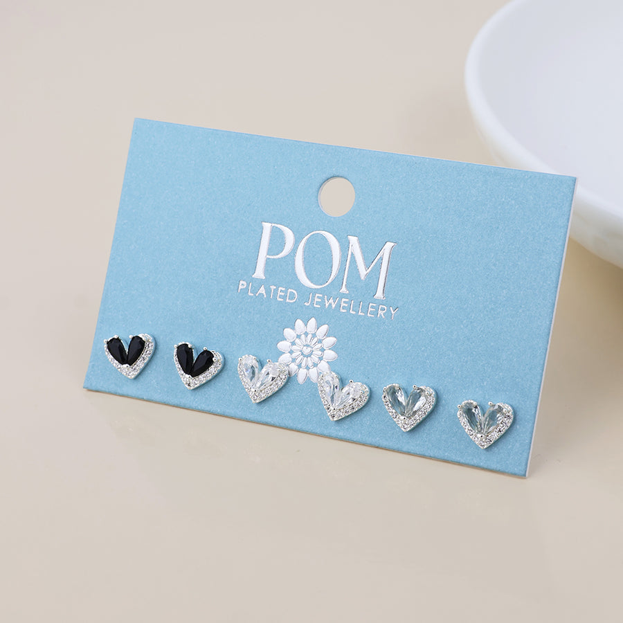 POM - Hannah Silver Plated Triple Crystal Heart Earring Set