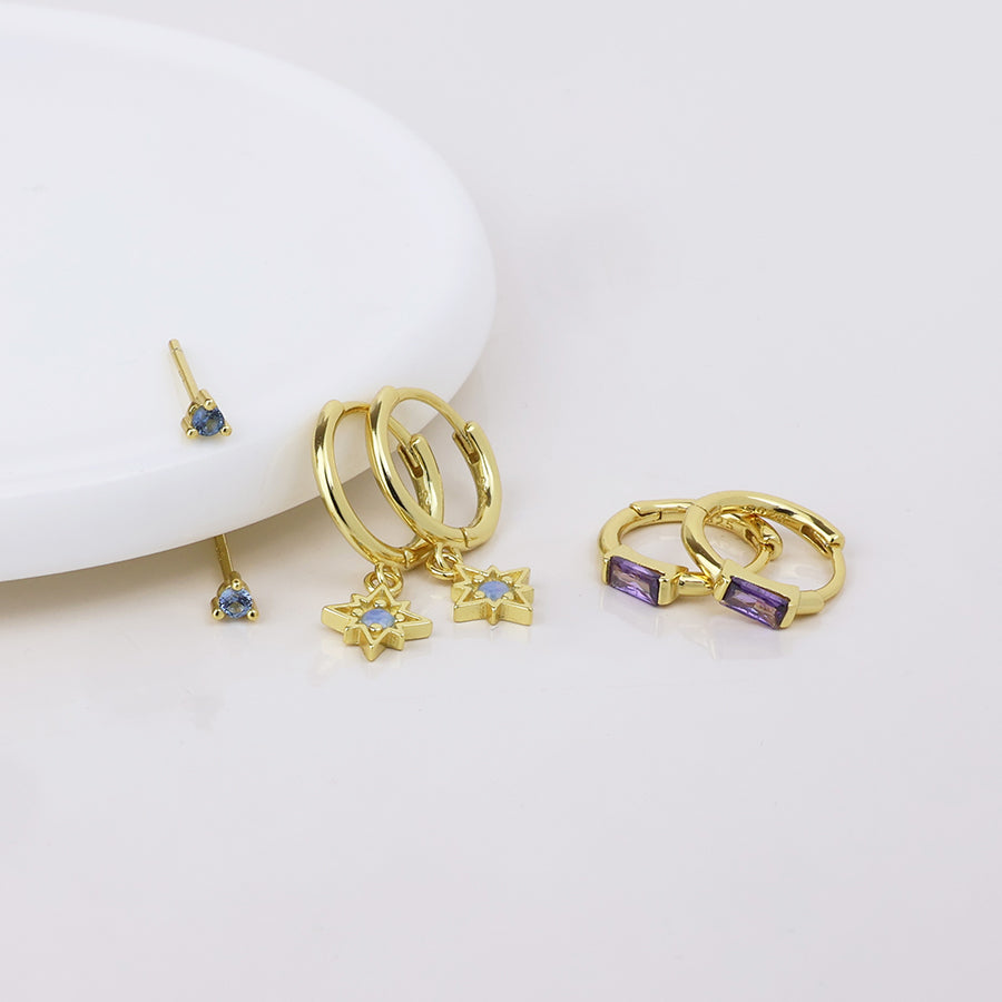 POM - Ella golden triple earring set with blue and purple crystals