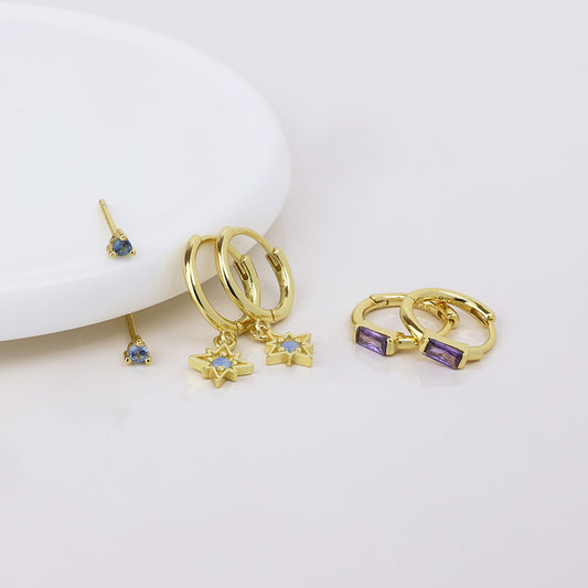 POM - Ella golden triple earring set with blue and purple crystals