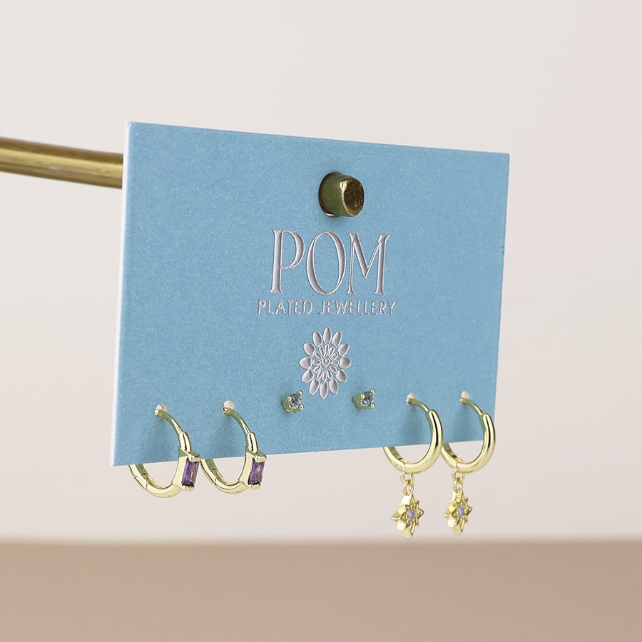 POM - Ella golden triple earring set with blue and purple crystals