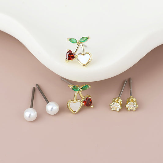 POM - Charlie Golden Pearl, Crystal and Cherry Heart triple Earring Set