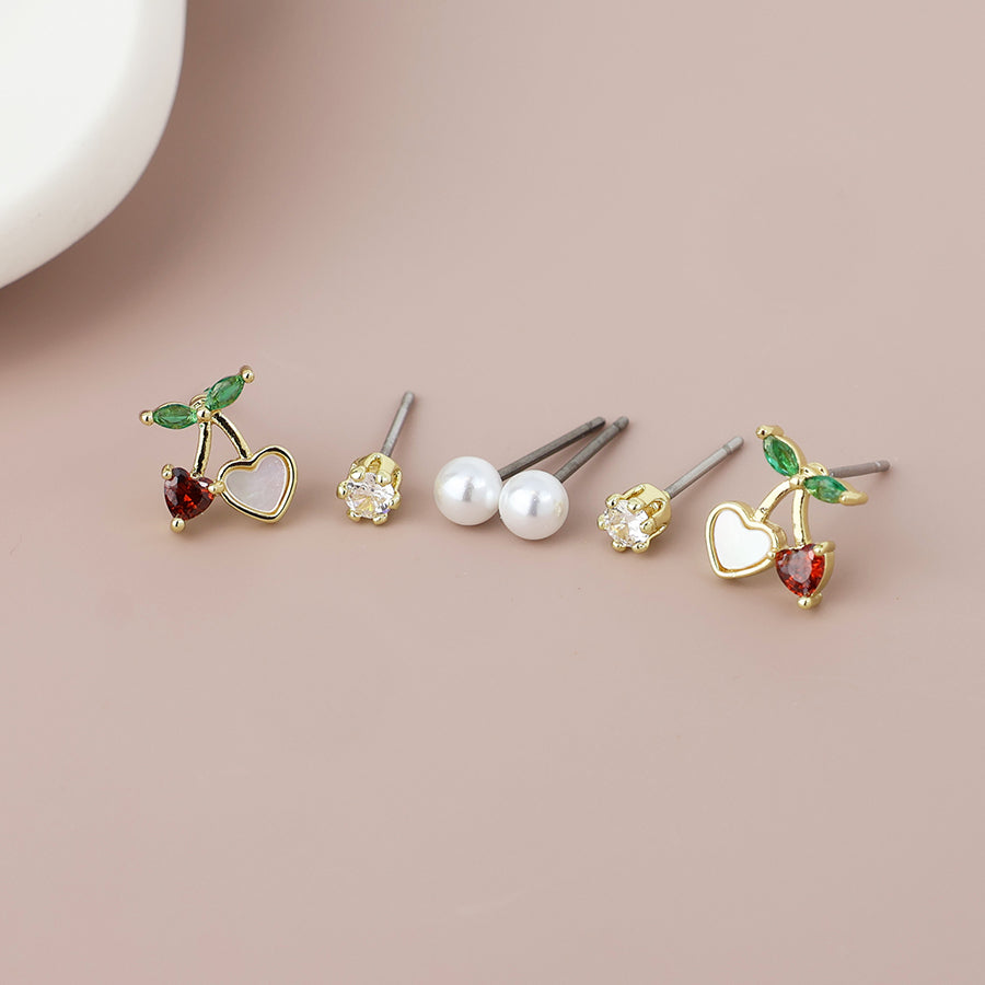 POM - Charlie Golden Pearl, Crystal and Cherry Heart triple Earring Set