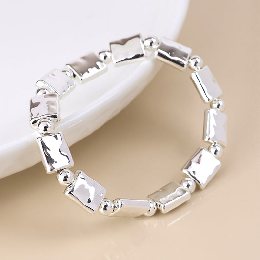 POM - Cassia silver plated polished bead and oblong stretch bracelet