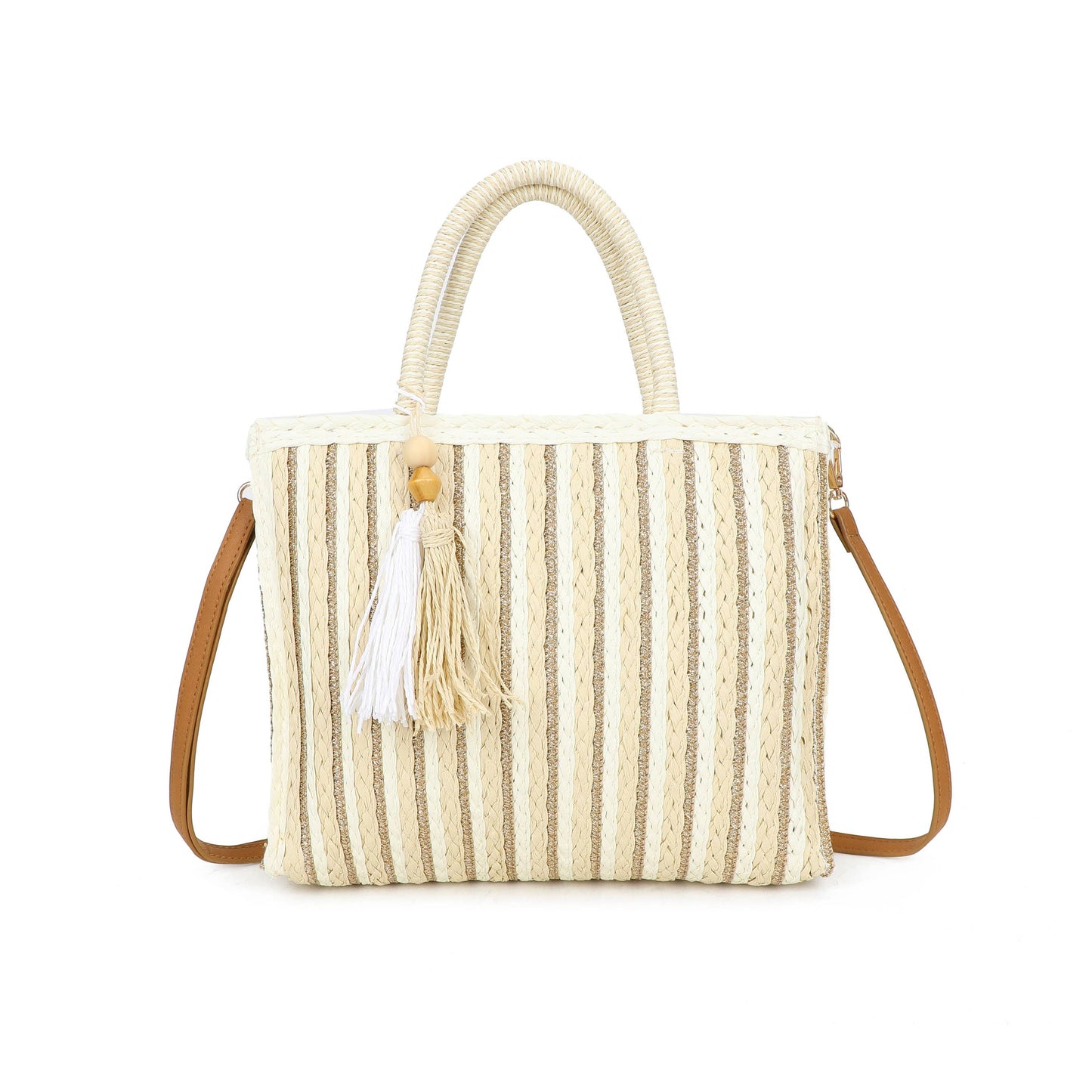 F9076 Woven Tote Bag Striped Tassel Summer Crossbody Bag: Green
