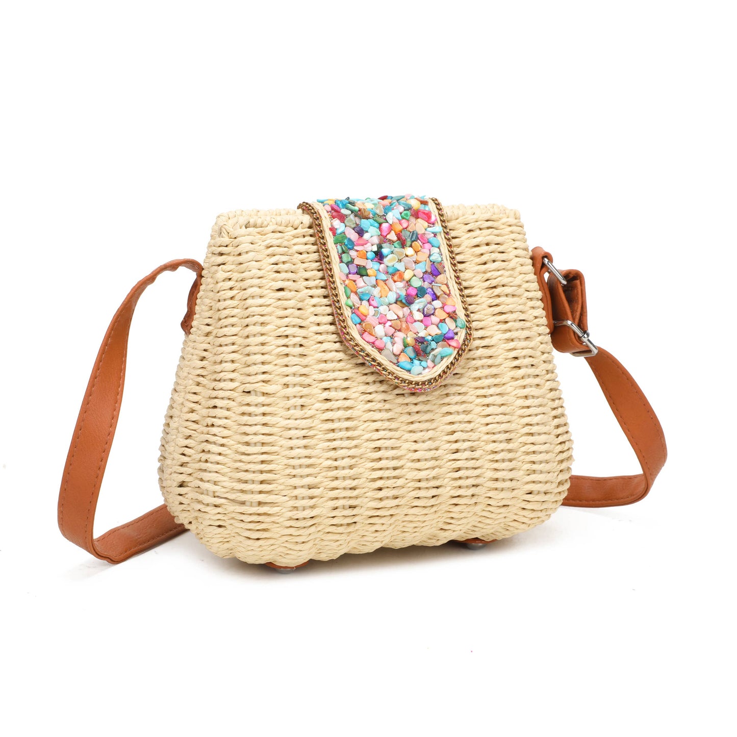 J6519 Straw Crossbody Bag with gems: Beige