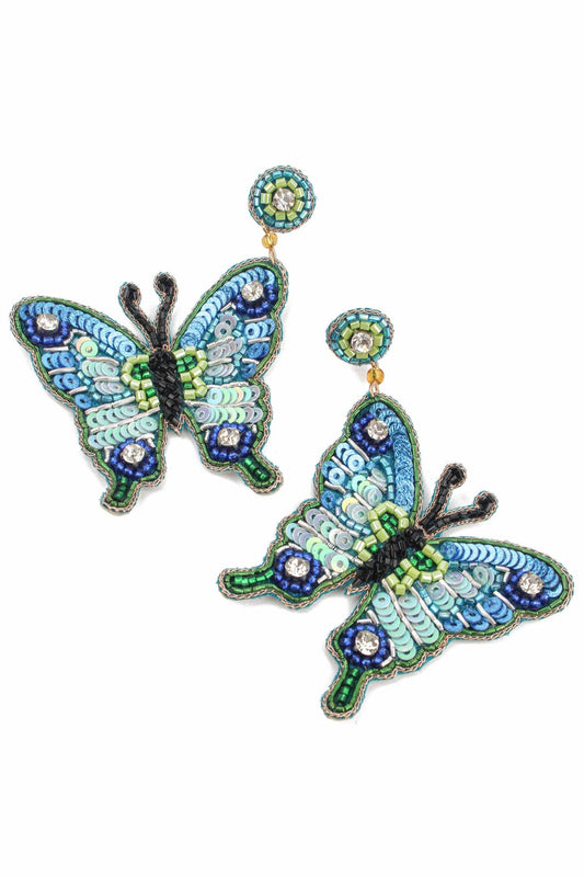 BLUE BUTTERFLY BEADED EARRINGS